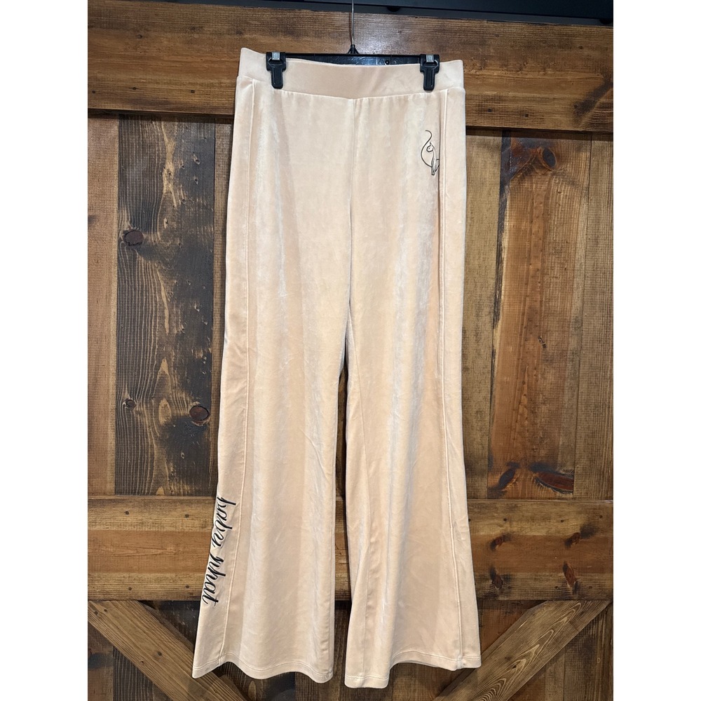 Baby Phat Forever 21 Velour Track Pants Tan Wide Leg Y2K Cat Logo Large